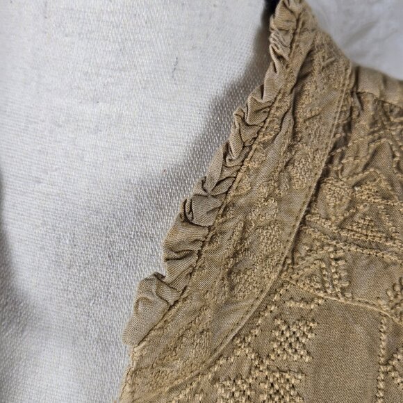 Soft Surroundings Sz Large River Valley Tan Embroidered Tunic Blouse Split Vneck - Picture 7 of 15